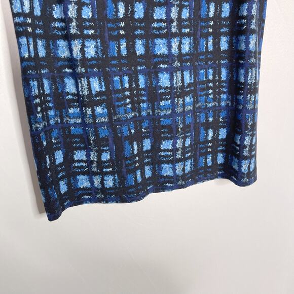 J Mclaughlin 6 Blue Plaid Print Knit Pencil Skirt Rayon Stretch Work Office - Picture 4 of 9